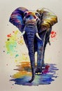 Illustration of watercolor elephant, abstract color background, eye contact. Digital art