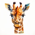 Detailed Watercolor Giraffe Head On White Background