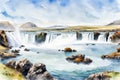 Watercolor illustration of Godafoss waterfall, Iceland, Europe Royalty Free Stock Photo