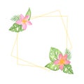 Illustration watercolor gold geometric frame with a composition of tropical leaves and pink exotic flowers Royalty Free Stock Photo