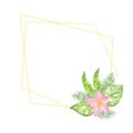 Illustration watercolor gold geometric frame with a composition of tropical leaves and pink exotic flowers Royalty Free Stock Photo