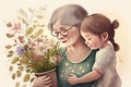 Grandmother and child, smiling and embracing each other, surrounded by flower in background