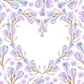 Illustration of watercolor hand drawn floral heart. Bouquet composition with purple, blue and lavender flowers. Valentine Day card Royalty Free Stock Photo