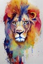 Illustration of watercolor lion, abstract color background, eye contact. Digital art Royalty Free Stock Photo