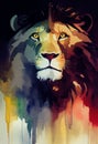 Illustration of watercolor lion, abstract color background, eye contact. Digital art Royalty Free Stock Photo