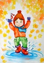 Illustration watercolor. Little girl in hat and rubber boots, with a ship in his hand, splashing in a puddle of autumn.