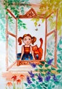 Illustration watercolor. Little girl with pigtails and a ginger cat look outside, at nature from the window frame.