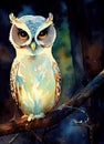 Illustration of watercolor owl, abstract color background, eye contact. Digital art