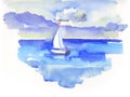 Seascape with Sailing yacht in sea in watercolor style in watercolor style