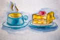 Illustration watercolor piece of cake and a cup of tea