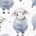 illustration of watercolor seamless pattern with cute cartoon white sheep, Generative ai Royalty Free Stock Photo