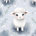 illustration of watercolor seamless pattern with cute cartoon white sheep, Generative ai Royalty Free Stock Photo
