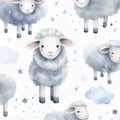 illustration of watercolor seamless pattern with cute cartoon white sheep, Generative ai Royalty Free Stock Photo