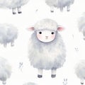 illustration of watercolor seamless pattern with cute cartoon white sheep, Generative ai Royalty Free Stock Photo