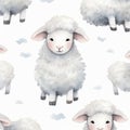 illustration of watercolor seamless pattern with cute cartoon white sheep, Generative ai Royalty Free Stock Photo