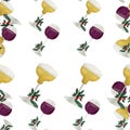 Watercolor seamless repeat pattern with set of party drinking glasses, illustration with wine glass and cocktail or champagne glas Royalty Free Stock Photo