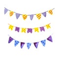 Illustration watercolor set of garland, triangular flags on a rope of purple and yellow colors