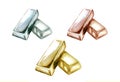 illustration of set of ingots of yellow, white and rose gold