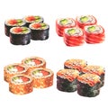 illustration of watercolor set of rolls. Roll with mint, salmon and avocado sushi watercolor, freehand drawing. Cafe