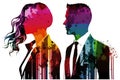 Silhouette of business man and woman collab with rainbow color art