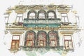 Illustration or watercolor sketch. A Christmas decorated building in Prague.