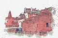 Illustration or watercolor sketch. Historic Warsaw Barbican