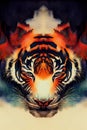 illustration of watercolor tiger, abstract color background, eye contact. Digital art. Royalty Free Stock Photo