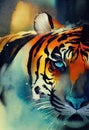 illustration of watercolor tiger, abstract color background, eye contact. Digital art. Royalty Free Stock Photo