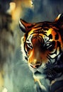 illustration of watercolor tiger, abstract color background, eye contact. Digital art. Royalty Free Stock Photo