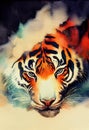 Illustration of watercolor tiger, abstract color background, eye contact. Digital art Royalty Free Stock Photo