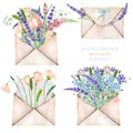 Illustration with watercolor vintage mail envelopes and flowers