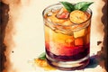 illustration of watercolor whiskey with lemon. alcoholic cocktail. Generative AI