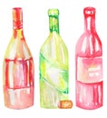 An illustration of the watercolor wine bottles. Painted hand-drawn in a watercolor on a white background. Royalty Free Stock Photo