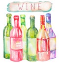 An illustration of the watercolor wine bottles. Painted hand-drawn in a watercolor on a white background. Royalty Free Stock Photo