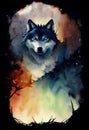 illustration of watercolor wolf, abstract color background, digital art.