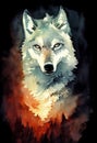 illustration of watercolor wolf, abstract color background, digital art.