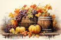 wooden box filled with autumn harvest pumpkins, apples, grapes, sunflowers, centered, autumn leaves