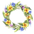 Illustration, watercolor wreath of wild flowers, suitable for postcards, posters. Royalty Free Stock Photo