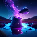 illustration of a watering can pouring water on a lake at night Generative AI