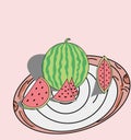 illustration of watermelon fruit on a plate pink background.