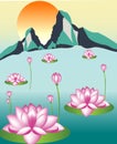 Illustration of a waterscape with lotus