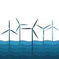 Illustration with waves and windmills, wind turbines. Royalty Free Stock Photo