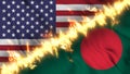 Illustration of a waving flag of Bangladesh and the United States separated by a line of fire.