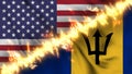 Illustration of a waving flag of Barbados and the United States separated by a line of fire.