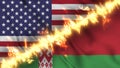 Illustration of a waving flag of Belarus and the United States separated by a line of fire.