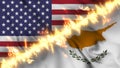 Illustration of a waving flag of Cyprus and the United States separated by a line of fire.