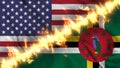Illustration of a waving flag of Dominica and the United States separated by a line of fire.
