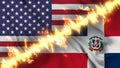 Illustration of a waving flag of Dominican Republic and the United States separated by a line of fire. Royalty Free Stock Photo