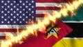 Illustration of a waving flag of Mozambique and the United States separated by a line of fire.