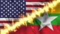 Illustration of a waving flag of Myanmar and the United States separated by a line of fire.